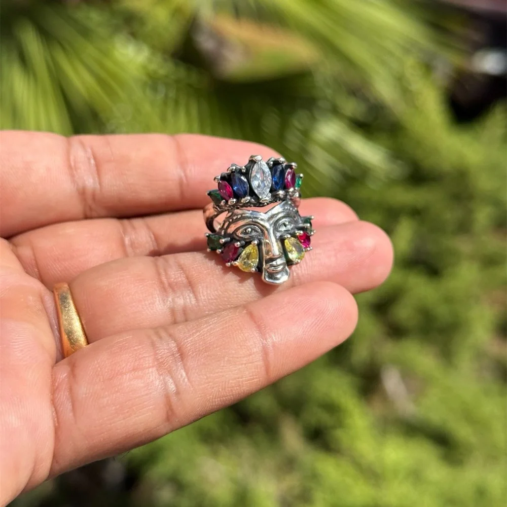 Colorful Face Ring 925 Sterling Silver | Adjustable Size 7